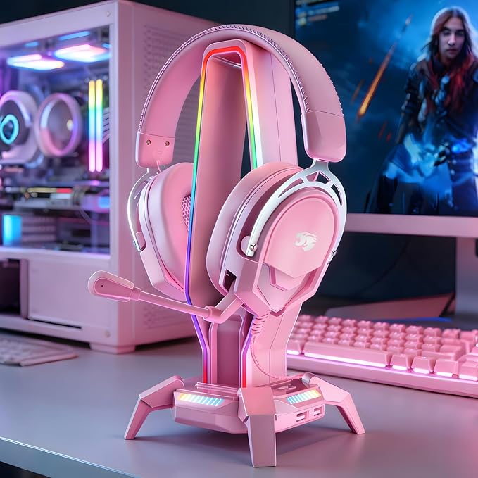 K98 Wired Gaming Headset, Durable Aluminum Frame Gaming Headset with Memory Earmuffs, 50mm Dynamic Drivers Stereo Surround Sound, Over Ear Headset for PC, PS4, PS5, Switch, Xbox One, Mac (Pink)
