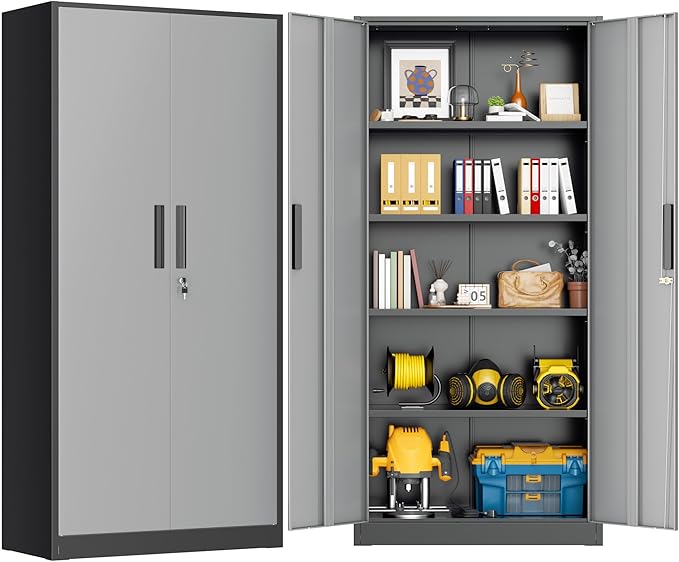 Greenvelly Metal Storage Cabinet,72 Inch Lockable Storage Cabinet with Doors and 4 Adjustable Shelves,Garage Storage Cabinet for Home,School,Gym(Black Grey)