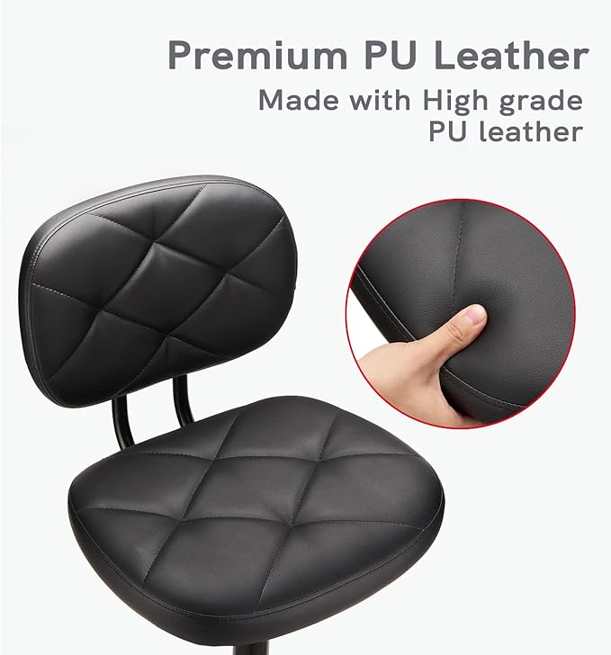 KLASIKA PU Leather Rolling Stool with Back and Wheels, Adjustable Diamond Upholstered Drafting Stool, Multi-Purpose Desk Chair for Home Office Bar Kitchen Shop, Black (1PK)