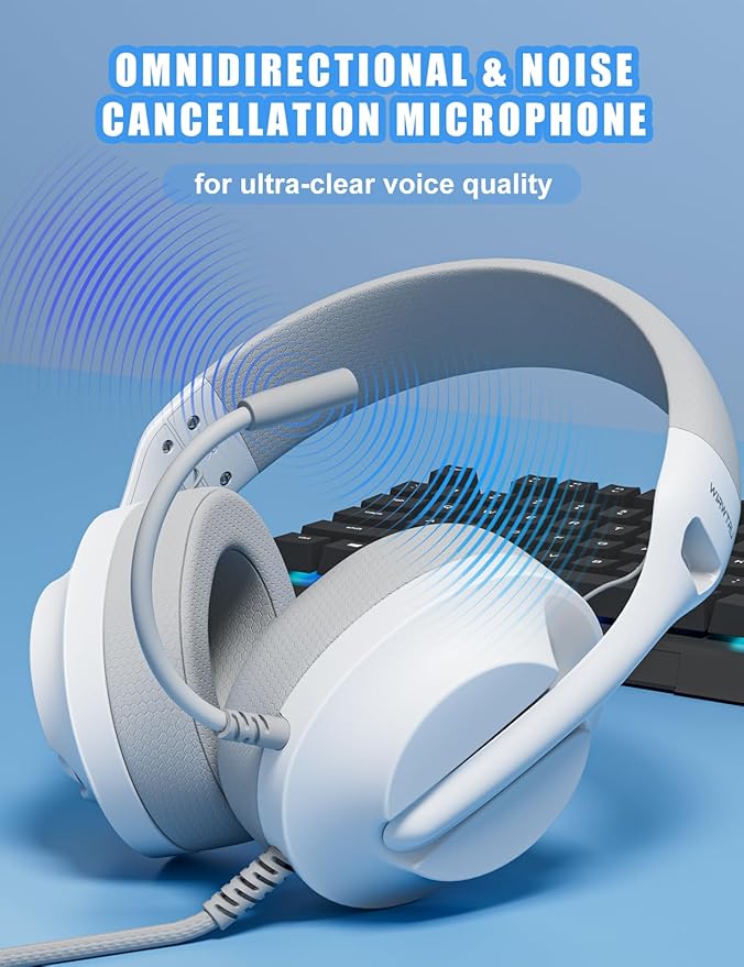 WIRWTRU S30 Gaming Headset with Microphone,198g Lightweight Design, Wired Gaming Headphones for Xbox, Xbox Series X|S, PS5, PS4, Switch, PC, Noise Cancelling Mic, Soft Earmuffs (White)