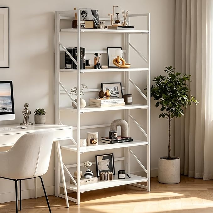 JSB No Assembly Folding Bookshelf, 5 Tier Industrial Metal Book Shelf for Storage, Vintage Wood Foldable Bookcase for Living Room, Bedroom, Office Organization Shelves