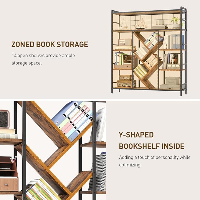 RALGEND Triple 5-Tier Bookshelf, Industrial Large Bookcase with 14 Open Display Shelves, Modern Tree Bookcase with Metal Frame and Hanging Function for Living Room, Home Office, Rustic Brown and Black