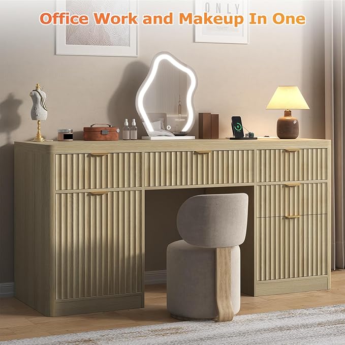 knoworld 58" Fluted Executive Desk with Storage & Charging Station Wood Modern Home Office 4 Drawers 1 File Cabinet Storage Computer Writing for Work Living Room Bedroom, Natural