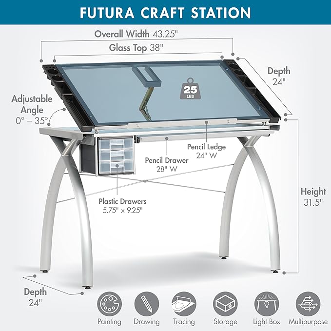 SD Studio Designs 10050 Futura Craft & Drawing Table with Adjustable Tempered Safety Glass Top – Modern Art Desk with Storage Drawers, Pencil Ledge, Silver/Blue Glass