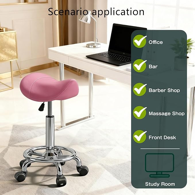 Saddle Stool, Adjustable Height Ergonomic Swivel Chair with Wheels, PU Leather Saddle Seat with Ring Pedal for Salon, Massage, Clinic, Lab, and Office