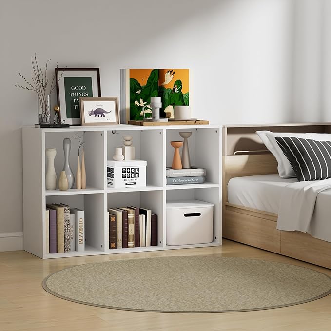 Wooden 6 Cube Storage Organizer with Closed Back Panel, Modern Open Cube Storage Shelf Bookshelf with Compartments, Cube Shelf Organizer for Living Room, Bedroom, Study Room (White)