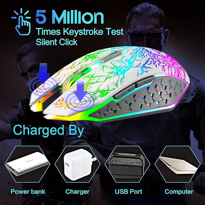 VEGCOO Wireless Gaming Mouse, Rechargeable Gaming Mouse, Silent Optical Mice with 2.4G USB Receiver, 3 Level DPI, 6 Buttons, 7 Colors LED Lights for PC/Mac Gamer, Laptop and Desktop