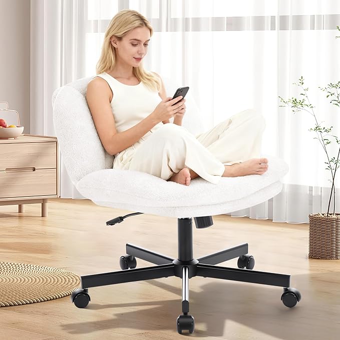 Cross Legged Office Chair, Thick Cushioned Criss Cross Chair with Wheels, Wide Seat Armless Office Chair, Height Adjustable Swivel Vanity Chair for Home and Office, White