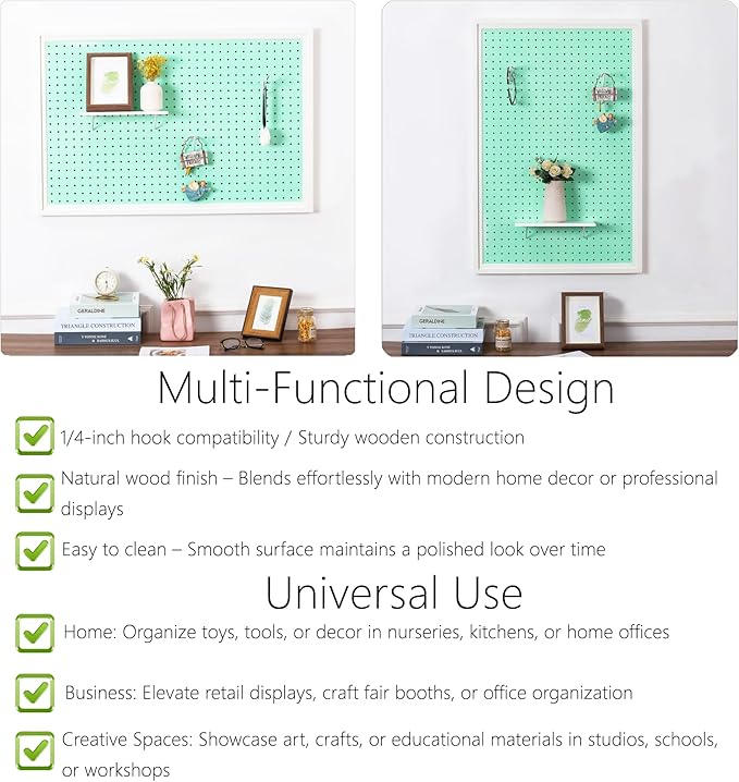 ARTAWEIN Pegboard Organizer - Craft Peg Board, Nursery Storage, Wall Organizer and More, Comes with 1 x Free Shelf Fits Most 1/4" and 1/8" Pegboard Accessories (Mint Green)