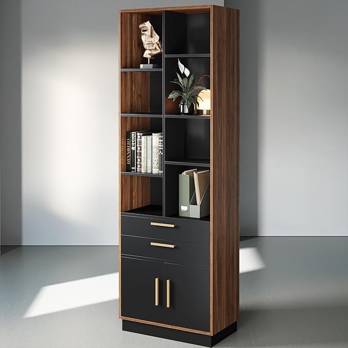 ModernMate Wood Bookcase with 2 Drawers and Doors, 8 Storage Cubes, 73.3" Tall Bookshelf, Modern Bookcases, Wooden Bookshelves for Home and Office, Living Room, Study, Black Walnut