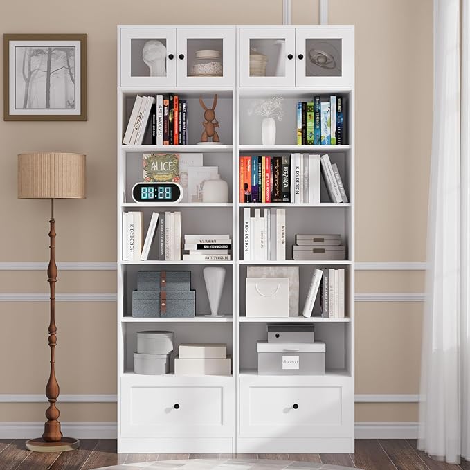 TUSY 85.5 Inch Tall Bookshelf with Doors - 7 Tier Bookcase with Glass Doors and Drawer, 23.6" Wide Storage Cabinet with Open Shelves for Living Room, White Book Shelf for Home Office, Study (BB)