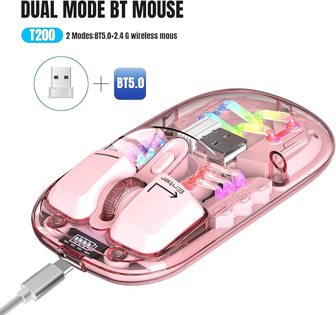 Wireless Bluetooth Mouse, Transparent BT + 2.4G Dual-Mode Mechanical Mouse with Magnetic Top Cover, Rechargeable RGB Backlit Gaming Mouse for Gaming/Esports/Desktop/Laptops/Tablets (Pink)