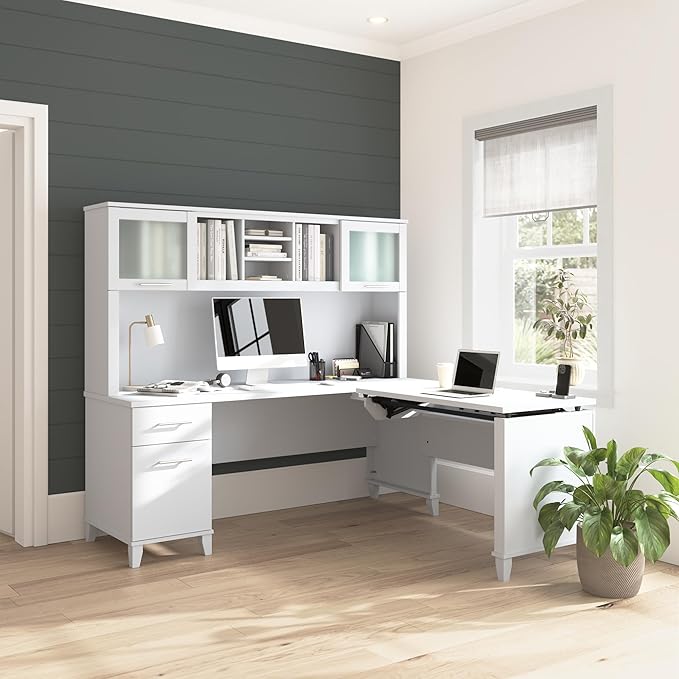 Bush Furniture Somerset 72W 3 Position Sit to Stand L Shaped Desk with Hutch in White | Adjustable Height Table for Home Office