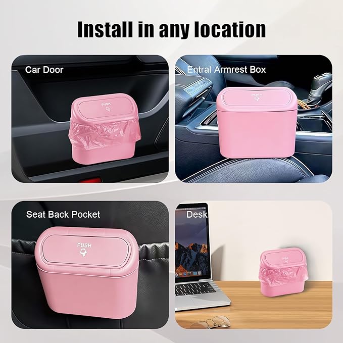 Car Small Trash Can with Lid, Leakproof Mini Car Garbage Can, Waterproof Push Button Easy Empty, Suitable for Desktop Office Bedroom Dorm Home Vehicle with 75 PCS Plastic Trash Bag (Pink)
