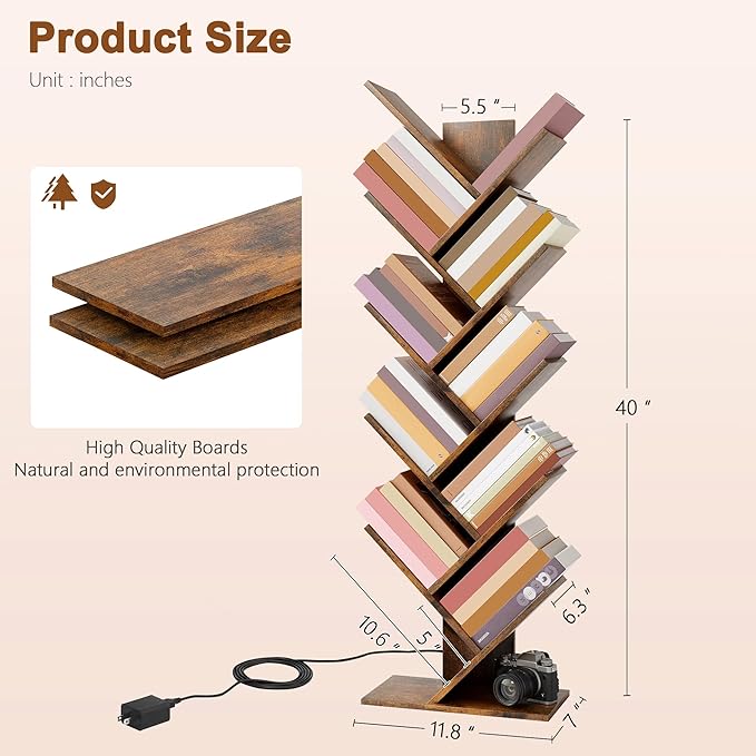 Hoctieon 10 Tier Tree Bookshelf, Tall Bookcase, Freestanding Book Shelf with LED Lights, Display Floor Standing Storage Shelf, Book Organizer Shelves for Home Office, Living Room, Rustic Brown