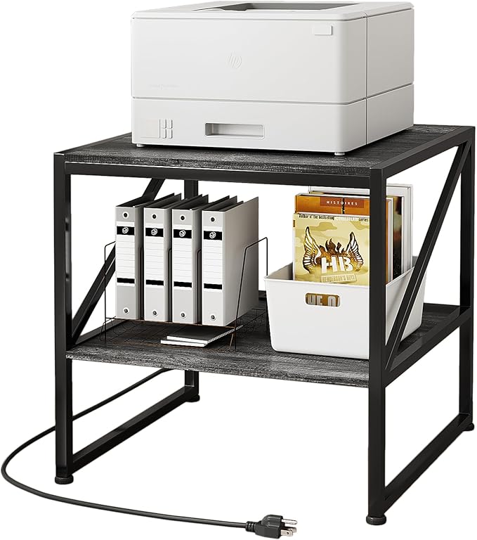 2-Tier Large Priner Stand with Charging Station, 20"×20" Under Desk Printer Table with Power Outlets and USB Ports for Home Office, Heavy Duty Storage Rack for Scanner Fax Machine Heat Press, Grey Oak