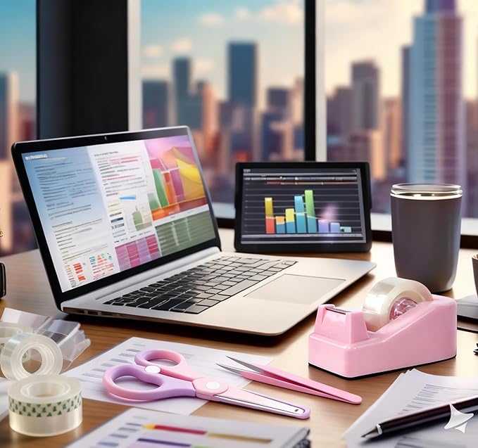 XEUZK Desktop Tape Dispenser Kits with Weighted Nonskid Base Tape Dispenser- Includes 9 Rolls of Transparent Tape(0.71 Inch x 500 inches Each) & Pink Scissors, 2 Pcs Tweezers (Pink)