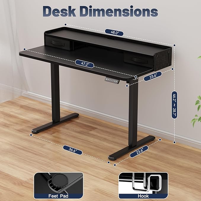 YESHOMY 48" x 23" Electric Standing Desk with 2 Drawers, Height Adjustable Computer Desk, Low Noise Home Office Stand Up Desk with 2 Preset Heights & 2 Hooks, Black