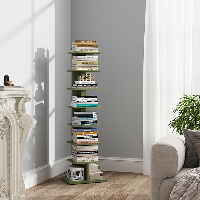 TUTOTAK Bookshelf, 8-Tier Bookcase, Narrow Spine Book Shelf for Small Space, Corner Standing Shelf for Living Room, Office, Study, Entryway, Olive Green BS06BOG008