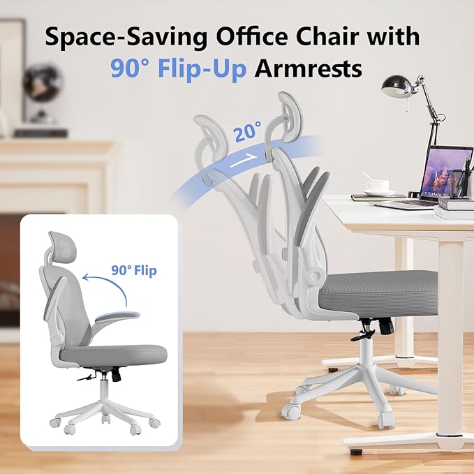 SeekFancy Ergonomic Office Chair M903, Computer Desk Chair with Wheels, High Back Mesh Office Chair with Adjustable Lumbar Support, Headrest, Flip-Up Armrests, White Grey