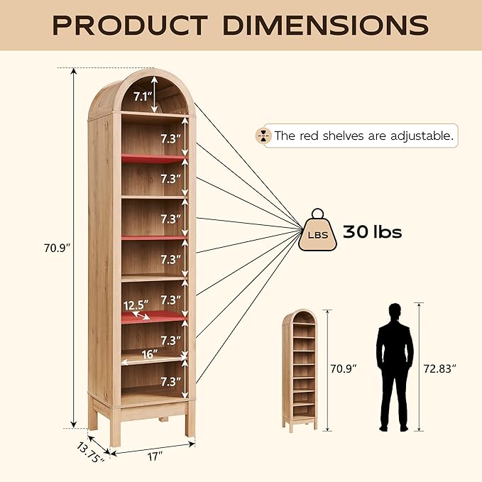 IFGET 71" Tall Arched Bookshelf, 8 Tiers Arch Bookcase with Storage, Modern Farmhouse Book Shelf with Adjustable Shelves, Wood Bookshelf w/Open Display Shelves for Living Room, Office (Natural)