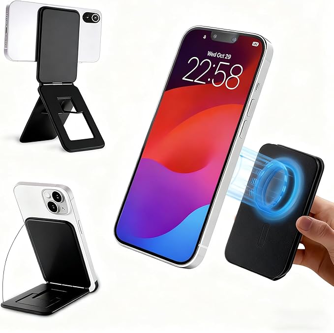 Magnetic Phone Stand, Compatible with All Smartphones 17/16/15/14/13/12 Series, Slim PU Leather Desk Stand with Multi-Angle Adjustment, Portable & Includes 1 Strong Magnetic Ring for Any Phone(Black)