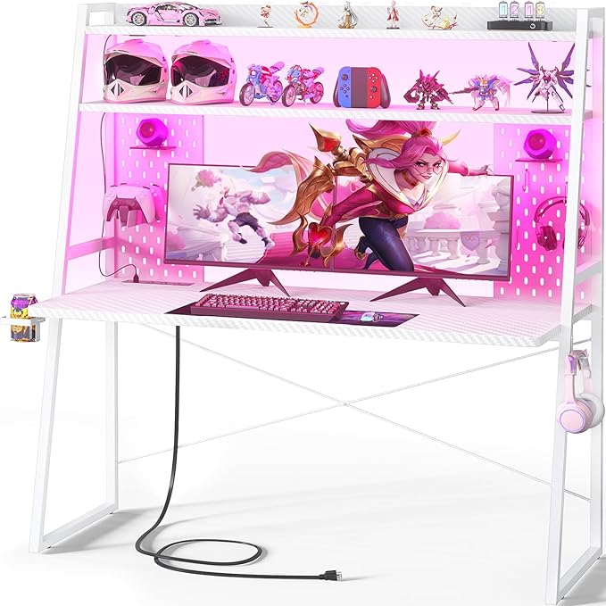 Besiost Gaming Desk with Hutch and LED Lights, Gaming Computer Desk with Power Outlets, Gamer Desk with Storage Shelves, PC Game Desk with Pegboards for Bedroom, Carbon Fiber White, 49"