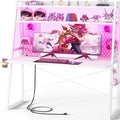Besiost Gaming Desk with Hutch and LED Lights, Gaming Computer Desk with Power Outlets, Gamer Desk with Storage Shelves, PC Game Desk with Pegboards for Bedroom, Carbon Fiber White, 49"