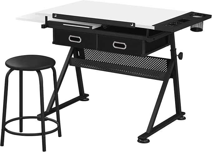 Topeakmart Drafting Table Art Craft Desk with Storage, Wooden Drawing Table with Adjustable Angle, Workstation for Reading&Writing, Foldable Artist Painting Table Crafts Desk with Extra Large Desktop
