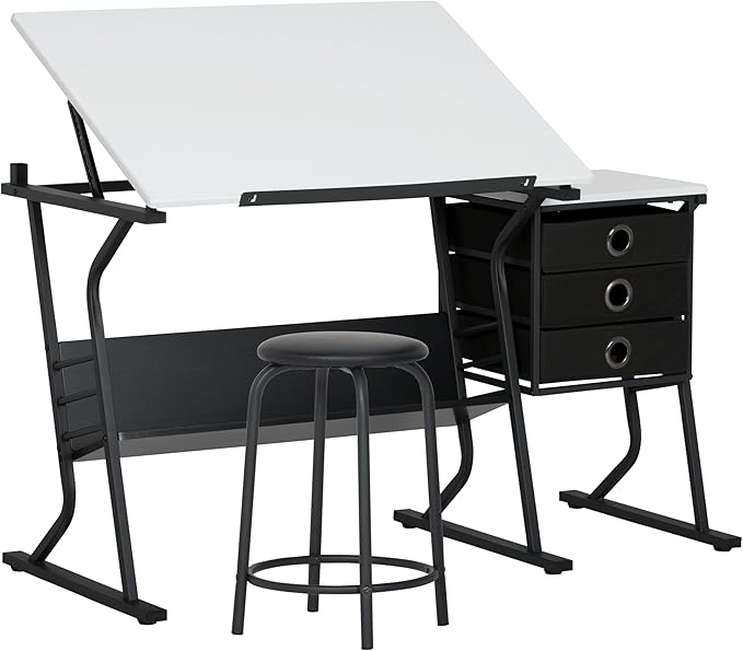 2 Piece Eclipse Ultra Center/Drawing Table with Stool, Angle Adjustable Top, Storage Shelves, and Drawers
