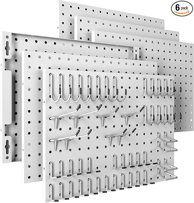 Spampur Peg Board, 6 Pack Metal Pegboard Panels White Pegboards Wall Organizer with 50 Hooks, Heavy Duty Peg Board for Walls Home, Garage Tool Storage, Office Organization, Craft Room, Kitchen