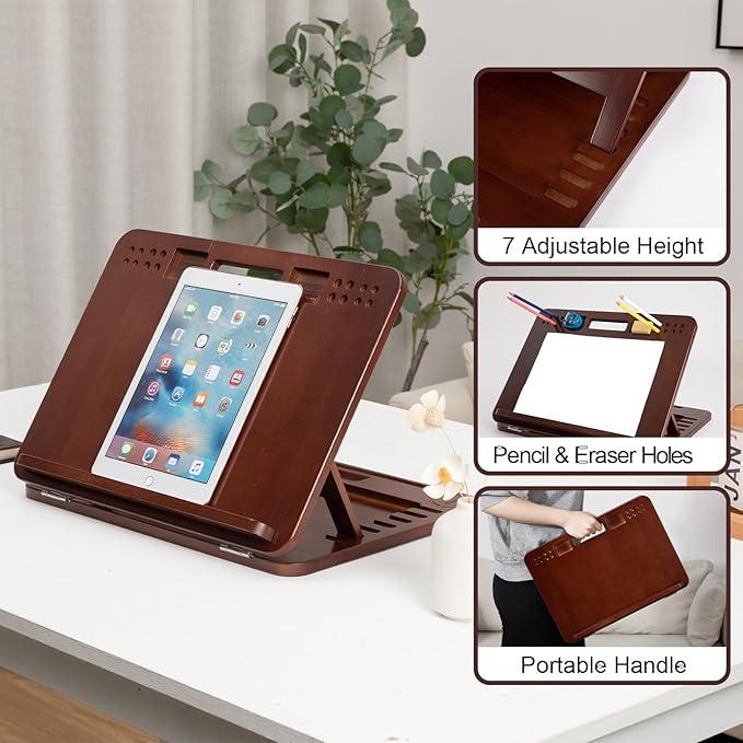 StrongTek 6-Position Bamboo Table Easel, 16x12 Inch Adjustable Drawing and Sketching Board with Built-in Handle and Back Storage, Portable Art and Lap Desk for Sketching, Reading, and Book Stand