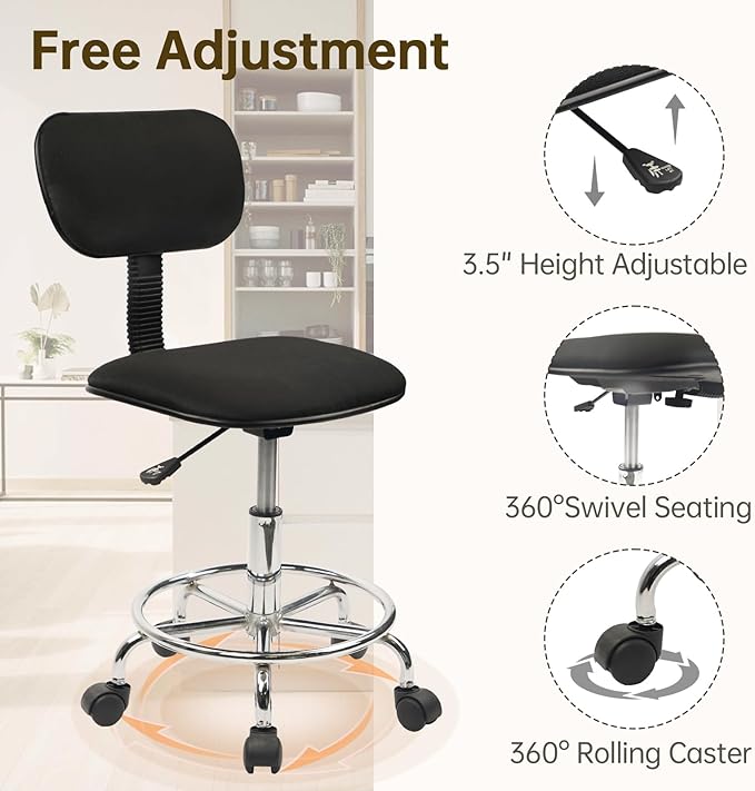KLASIKA Low Wide Rolling Swivel Stool with Backrest, Adjustable Height Salon Chair Stools with Footrest for Spa Tattoo Office Desk Massage Task Lash Barber Facial, Black 2PK