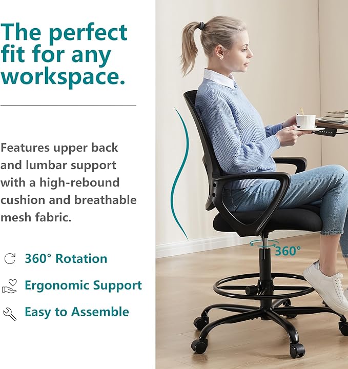 DUMOS Drafting Chair - Counter Height Adjustable Tall Office Desk Chair with Fixed Armrests and Comfortable Lumbar Support for Standing Desk, Deep Black