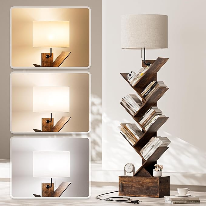Tree Bookshelf with Light, 6 Tier Narrow Bookcase with Storage Cabinet, Tall Corner Book Shelf for Small Spaces, Vertical Floor Standing Organizer for Bedroom Living Room Home Office, Rustic Brown