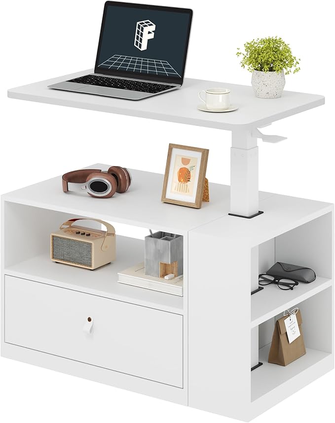 FLEXISPOT H7 CAB Height Adjustable Sit-Stand Computer Workstation Desk with Storage, Pneumatic Lift Laptop Desk with Drawer & Cabinet, Compact Small Space Home Office Desk (25.8"–41.3", White)