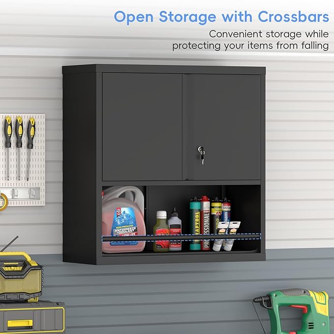 Metal Garage Storage Cabinets, Lockable Black Cabinet, Tool Cabinets Storage Wall Mounted, Hanging Cabinet with Guard Bar for Home Office, Basement