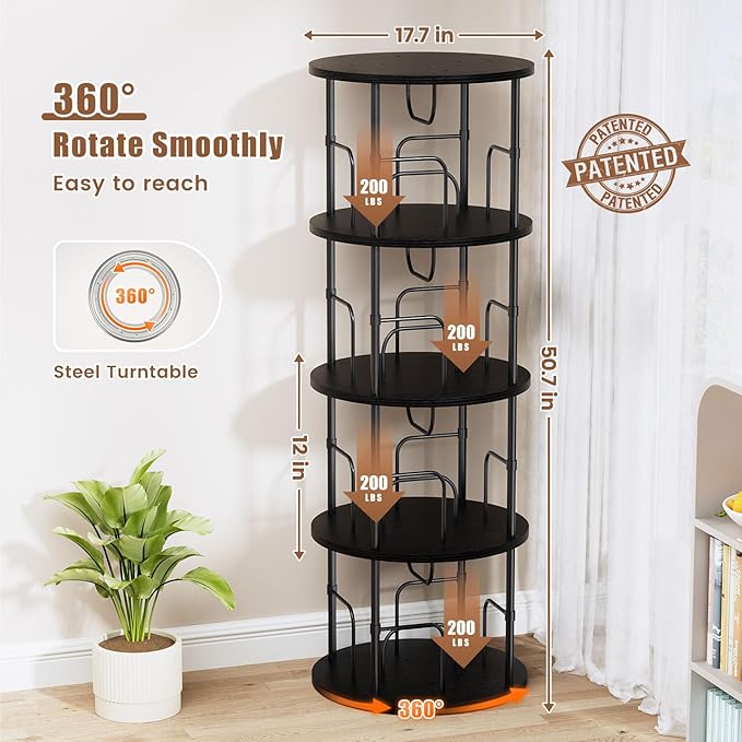 ALLSTAND Rotating Bookshelf, 4 Tier Spinning Bookshelf Tower, 360° Display Round Bookcase, Floor Standing Corner Revolving Bookshelf Organizer Storage Rack for Small Spaces, Home Study Office, Black