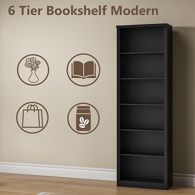 Wodeer Tall Bookshelf, 6-Tier Bookcase with 2 Adjustable Shelves, Modern Farmhouse Storage for Living Room, Entryway, Office, 23.6" W x 74.8" H x 10.6" D, Black