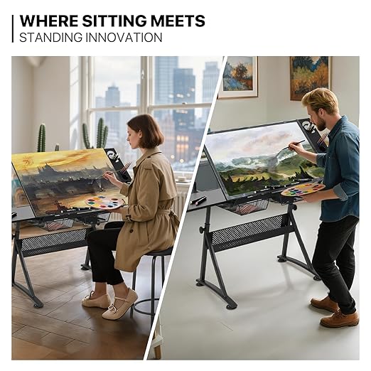 MoNiBloom Adjustable Height Drafting Table with Stool, Modern Style, Tough Glass Top, 28-36 in Length, 19 in Width, 30 in Height, Ideal for Artists, Designers, Office, Studio