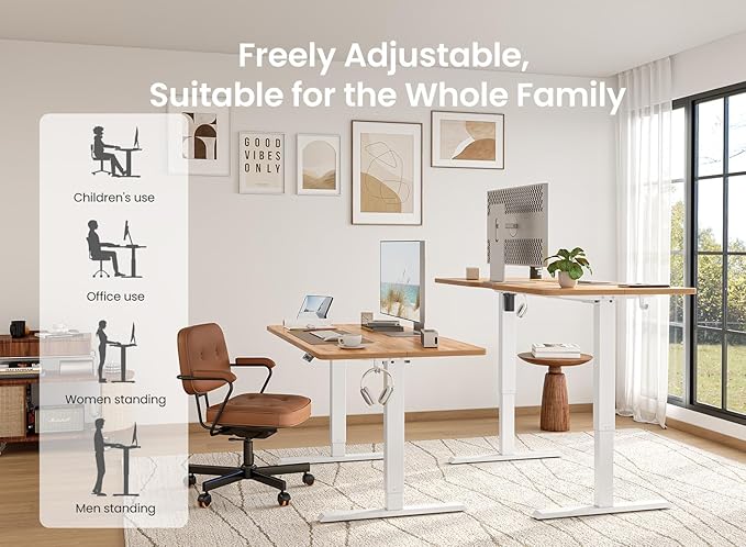 BANTI 55 × 28 Inches Standing Desk, Ergonomic, Electric Height Adjustable, Sit and Stand Up, Computer Desk with a Deeper Desktop, White Frame/Light Rustic Top