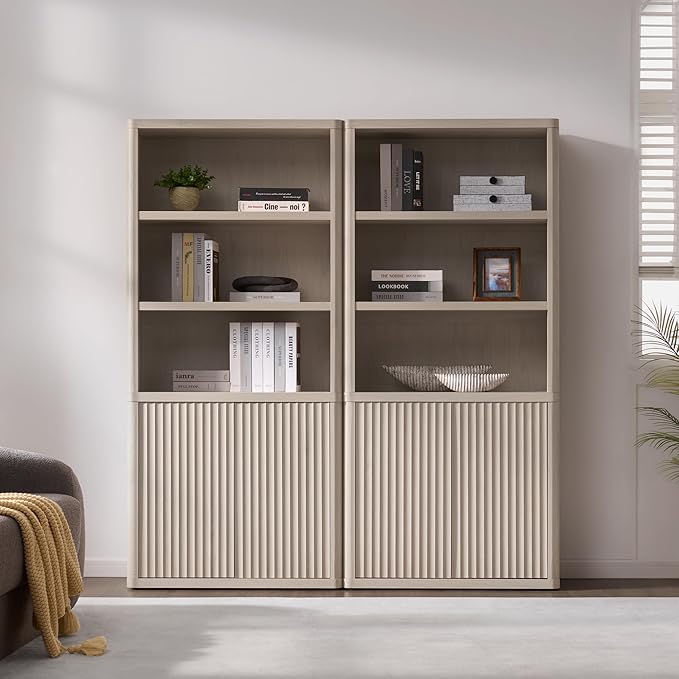 SICOTAS Book Shelf with Doors 71" Tall 6 Tier Bookshelf with Adjustable Shelves Fluted Booshelves & Bookcases Modern Book Case with Large Storage Display Cabinet for Living Room Home Office Bedroom
