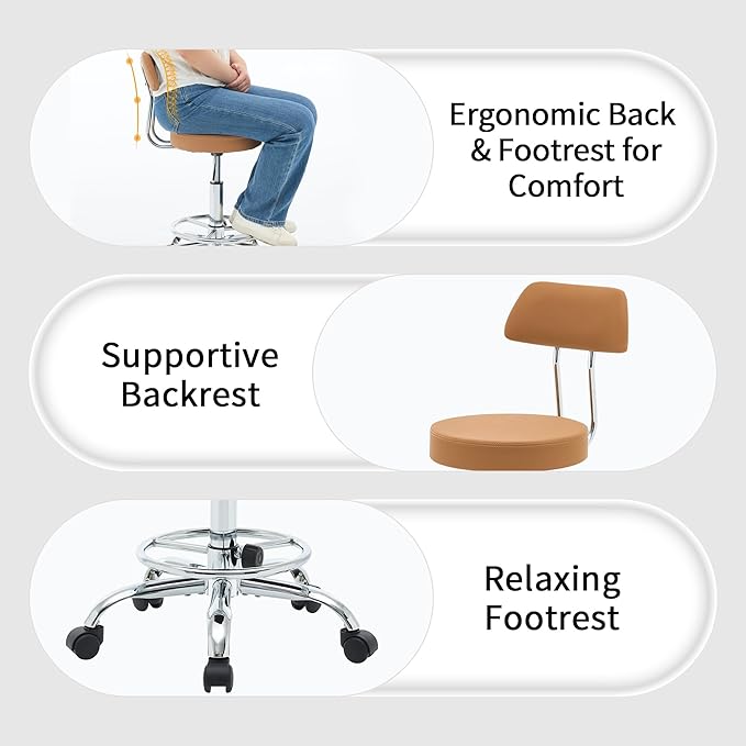 FIRAVOE Ergonomic Desk Stool(Sturdy Rolling Stool with Back)(Swivel Armless Office Chair 19.5"-26.6") Adjustable Footrest Salon Chair (Camel Brown)