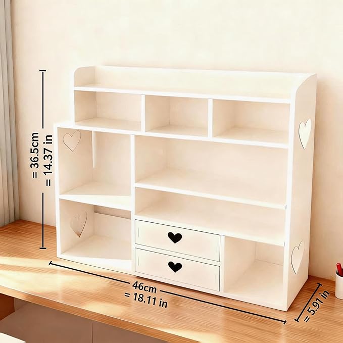 White Heart Drawer Bookshelf, Desktop Organizer with Shelves & Heart-Shaped Drawer for Desk, Office, Dorm - Display Storage for Books, Decor, Makeup, Stationery(White), (Upgrade)