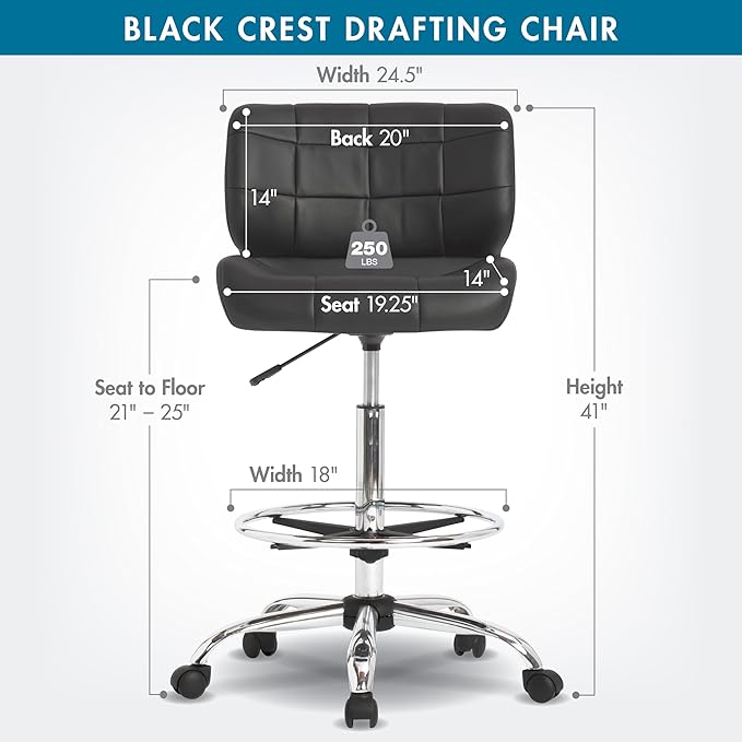 Studio Designs Black Crest Drafting Work Chair with Foot Rest - Adjustable Height - Contoured for Desk or Drafting Table