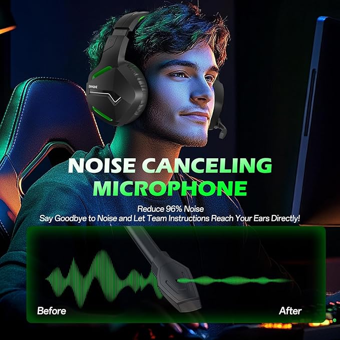 BINNUNE Wireless Gaming Headset for Xbox Series X/S, Xbox One, PS5, 120H Ultra-Long Battery, Bluetooth 5.3 Gaming Headphones with Noise-Canceling Mic, Comfortable Over-Ear Headphones,Green