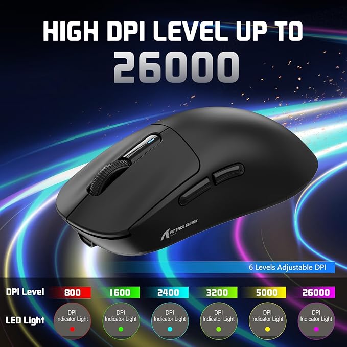 MAMBASNAKE Attack Shark X3 Wireless Gaming Mouse, 49g Ultralight, PixArt PAW3395 26000 DPI, Bluetooth/2.4Ghz /Wired Tri-Mode, 200Hrs Rechargeable Battery, Kailh GM8.0 Switch for PC/MAC/Win - Black