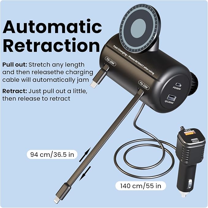OHLPRO Backseat Retractable Car Charger Station, 6-in-1 Charging Box with Car Headrest Magnetic Mount Holder, 2-Port PD 20W/QC 20W Cigarette Lighter Adapter Fit for All Phones,Uber,Lyft,Taxi,Rideshare