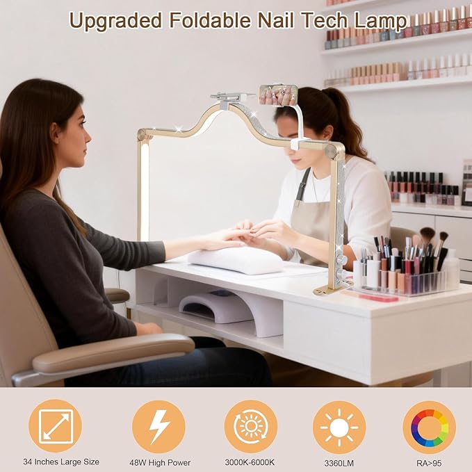 Upgraded Nail Tech Lamp with Dual Phone Holder, 34 in Foldable Large Nail Light for Desk, 3 Modes 3000K-6000K LED Manicure Lamp, Half Moon Light for Lash Eyelash Extension, Tattoo, Eyebrows