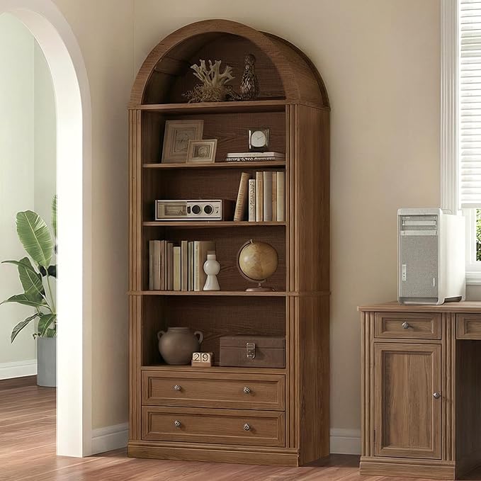 RALGEND Farmhouse Arched Bookshelf Set of 2, 7 Tiers Arch Bookcase with 2 Spacious Drawers, Modern Book Shelf with Open Display Shelves and Storage Cabinet, for Office, Living Room, Kitchen, Walnut